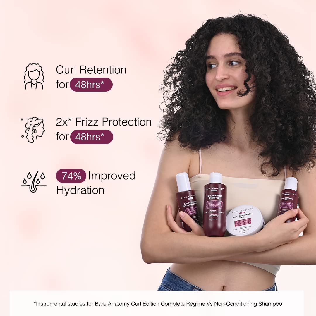 Woman holding hair care products with text on benefits against a beige background