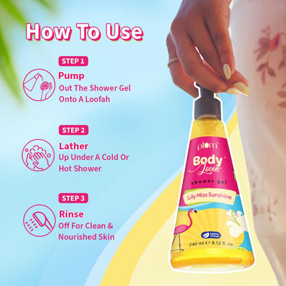 Plum BodyLovin' Lily Miss Sunshine Shower Gel | SLS Free Body Wash For Women | Long Lasting Fresh Fruity-Floral Fragrance | Aloe-Infused Nourishing Body Cleanser For Soft & Smooth Skin | 240ml