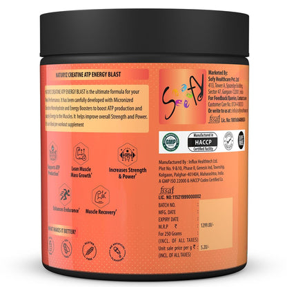 Supplement container with orange label and black lid on a white background