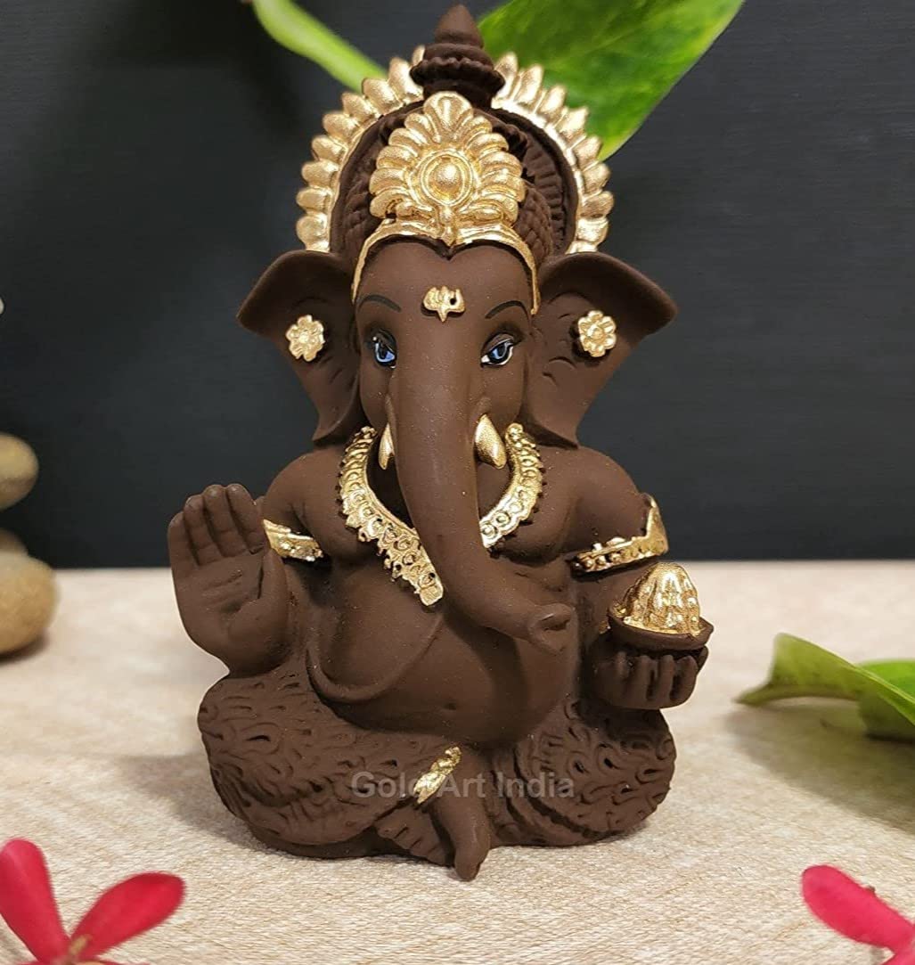 Gold Art India Brown Terracotta Idol for Ganesh Idol for Car Dashboard God Ganesha Idol for Home Decor Ganpati for Gift 3.5 inches (Brown Terracotta), Idol