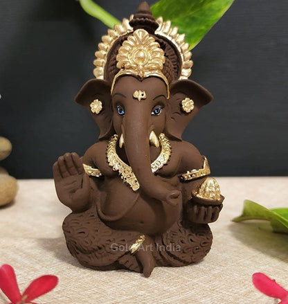 Gold Art India Brown Terracotta Idol for Ganesh Idol for Car Dashboard God Ganesha Idol for Home Decor Ganpati for Gift 3.5 inches (Brown Terracotta), Idol
