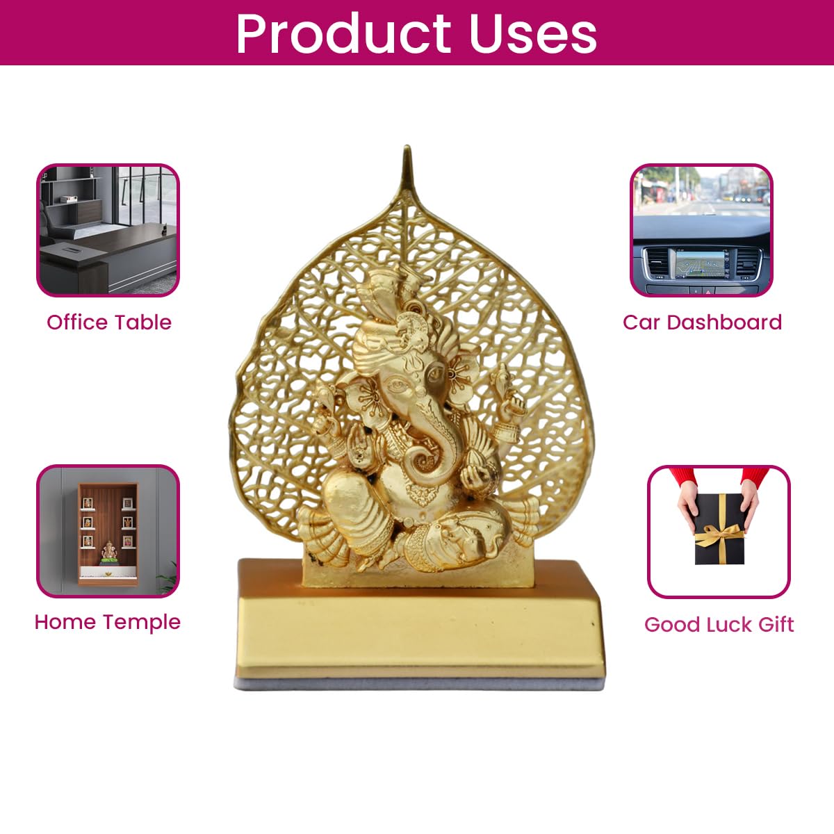 Metal Ganesha Idol for Car Dashboard Home Decor Golden Ganesh Ji Statue Showpiece Diwali New Year Gift for Corporate Client, Friends, Employees Spiritual Good Luck Gift