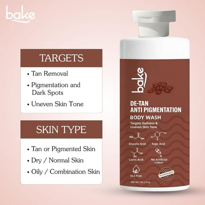 BAKE De-Tan Anti Pigmentation Coffee Body Wash with Kojic Acid, Glycolic Acid, Lactic Acid for Dark Spots, Pigmentation, Tanning & Tan Removal | For Men & Women | 300ml