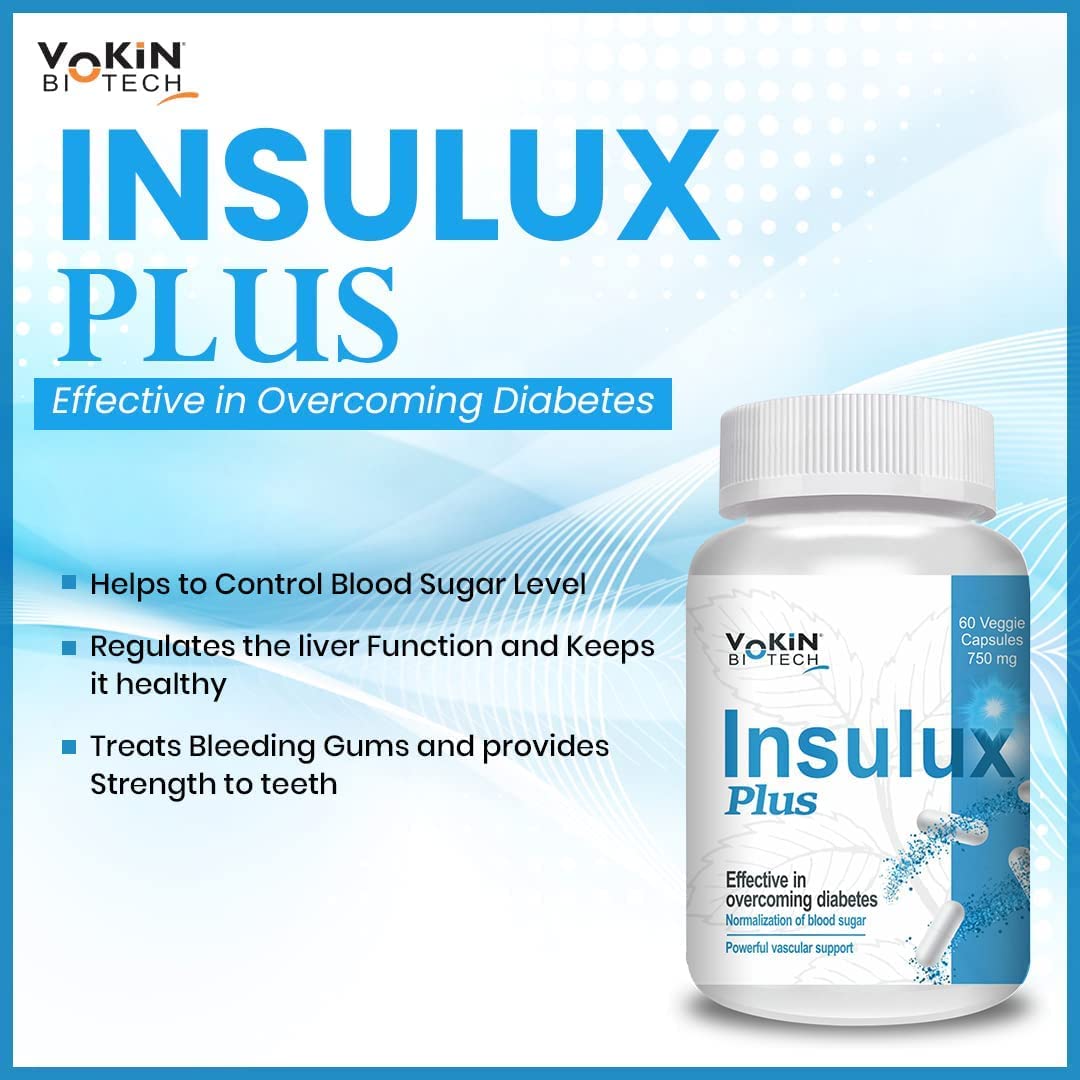 Insulux Plus supplement bottle with product details on a blue and white background