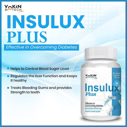 Insulux Plus supplement bottle with product details on a blue and white background