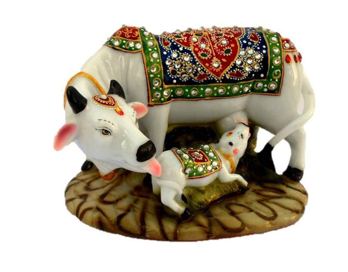 JIYANSH Creation Kamdhenu Cow and Calf Statue for Home Decor - Handcrafted Polyresin Marble Finish Vastu Showpiece for Living Room Pooja Mandir - Large 6 Inch (White Gold)