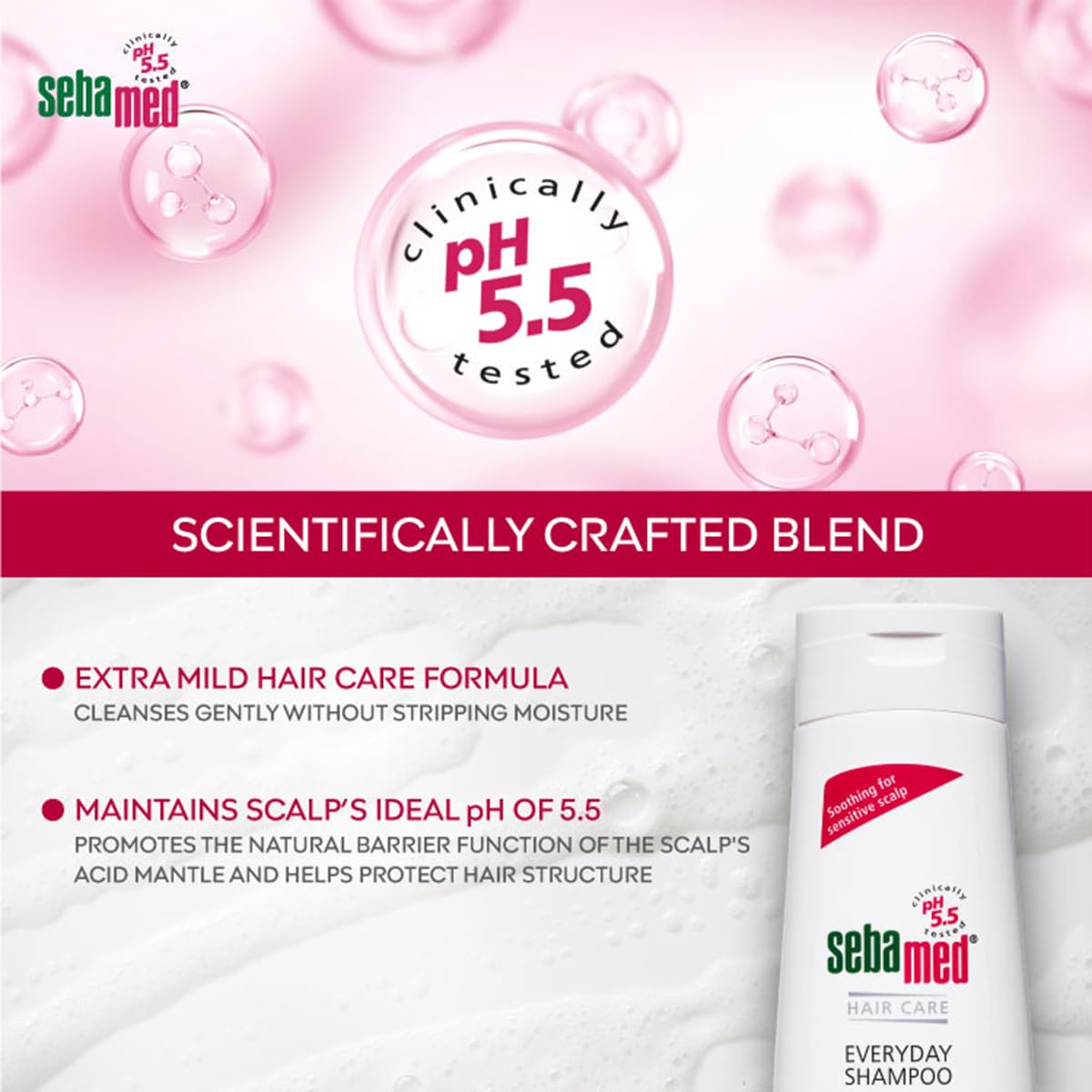 Sebamed shampoo bottle with pink and white background, featuring pH 5.5 information.