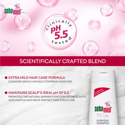 Sebamed shampoo bottle with pink and white background, featuring pH 5.5 information.