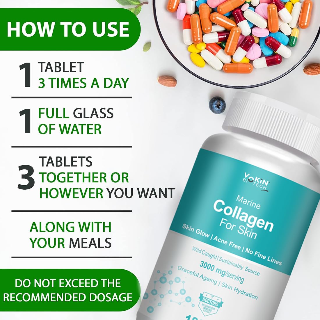 Marine Collagen supplement bottle with usage instructions on a white background