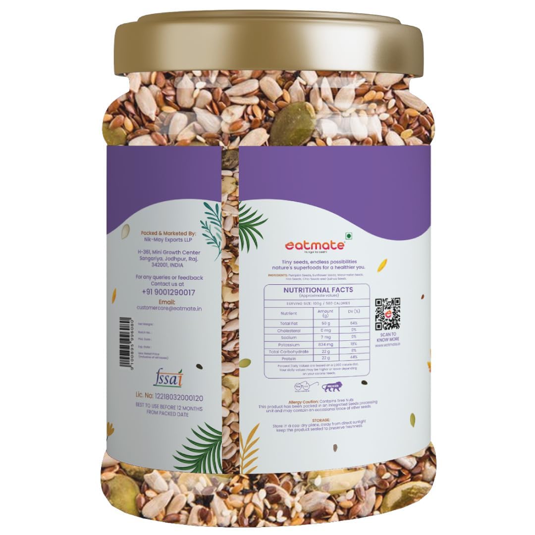 Eatmate Superfood Premium Seed Mix | Protein-Rich Healthy Snack | Pumpkin, Sunflower, Flax, Chia, Sesame & Watermelon Seeds | Fiber-Rich Ready to Eat