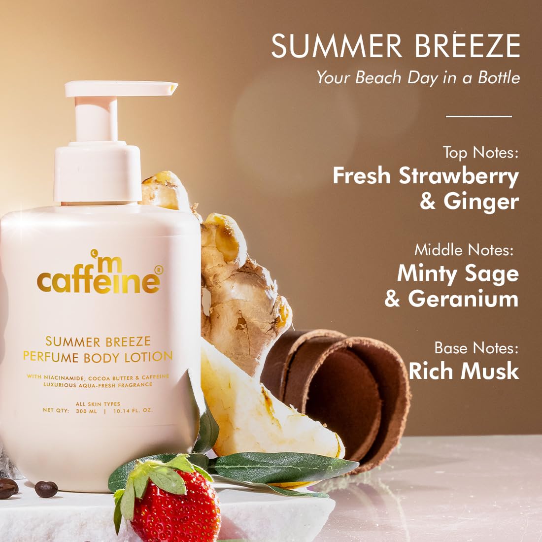 Caffeine Summer Breeze perfume body lotion with strawberry, ginger, and mint elements on a neutral background.
