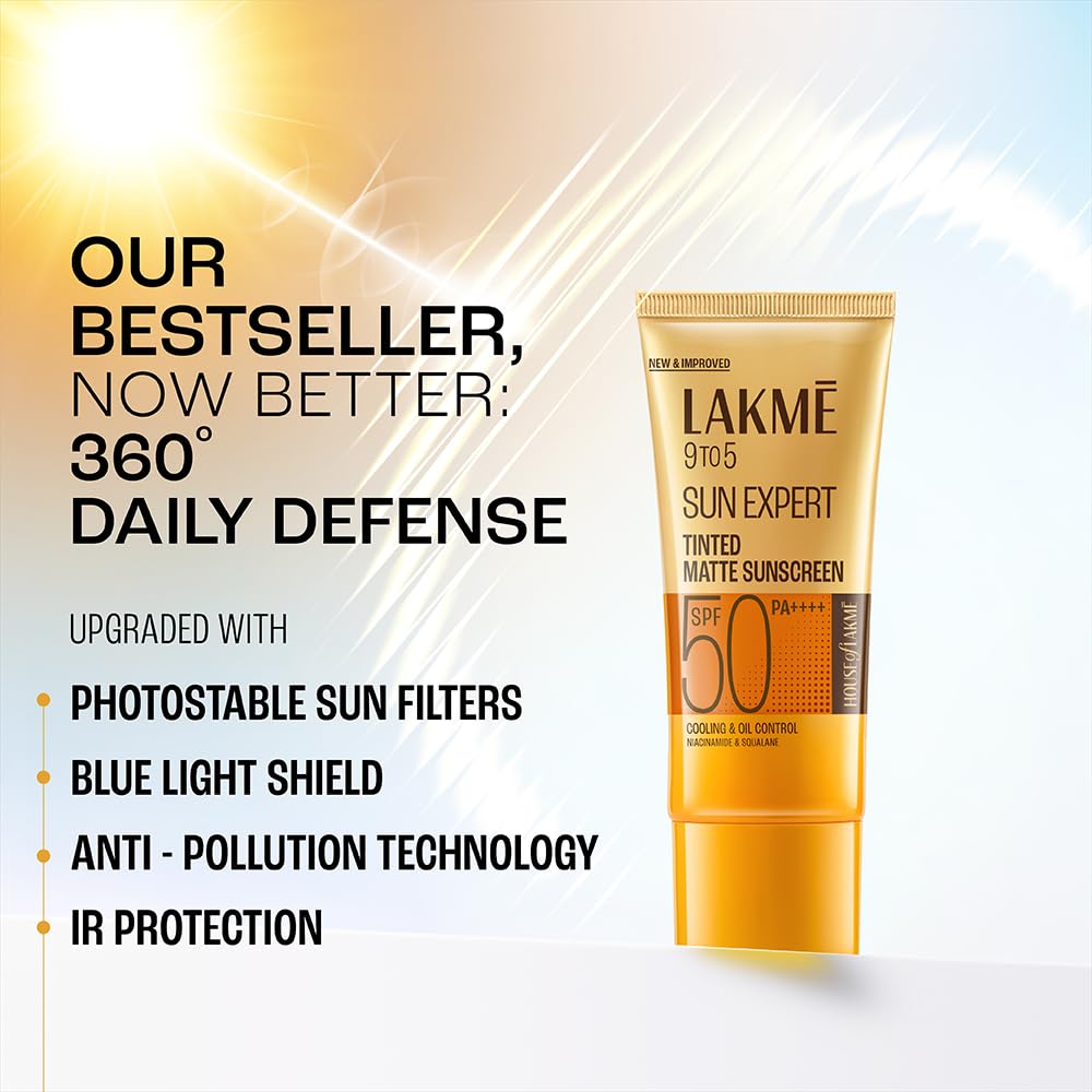 Lakme sunscreen tube with product features on a gradient background