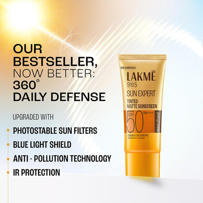 Lakme sunscreen tube with product features on a gradient background
