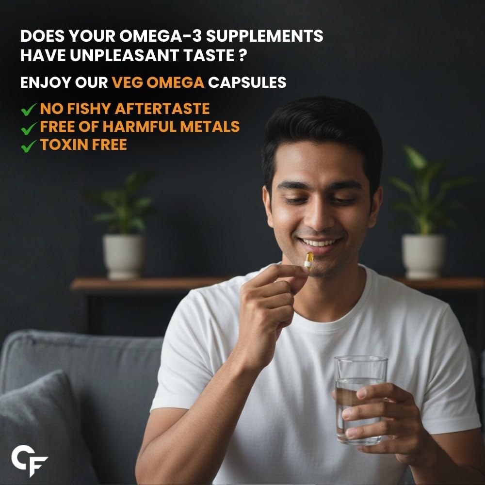 Man holding a Veg Omega capsule and glass of water with promotional text about supplement benefits.