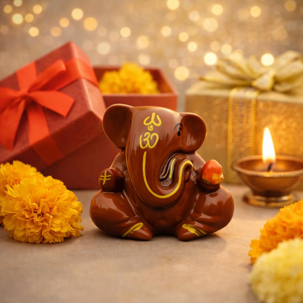 Resin Lord Ganesha Idol for Car Dashboard 5x5cm (Brown)