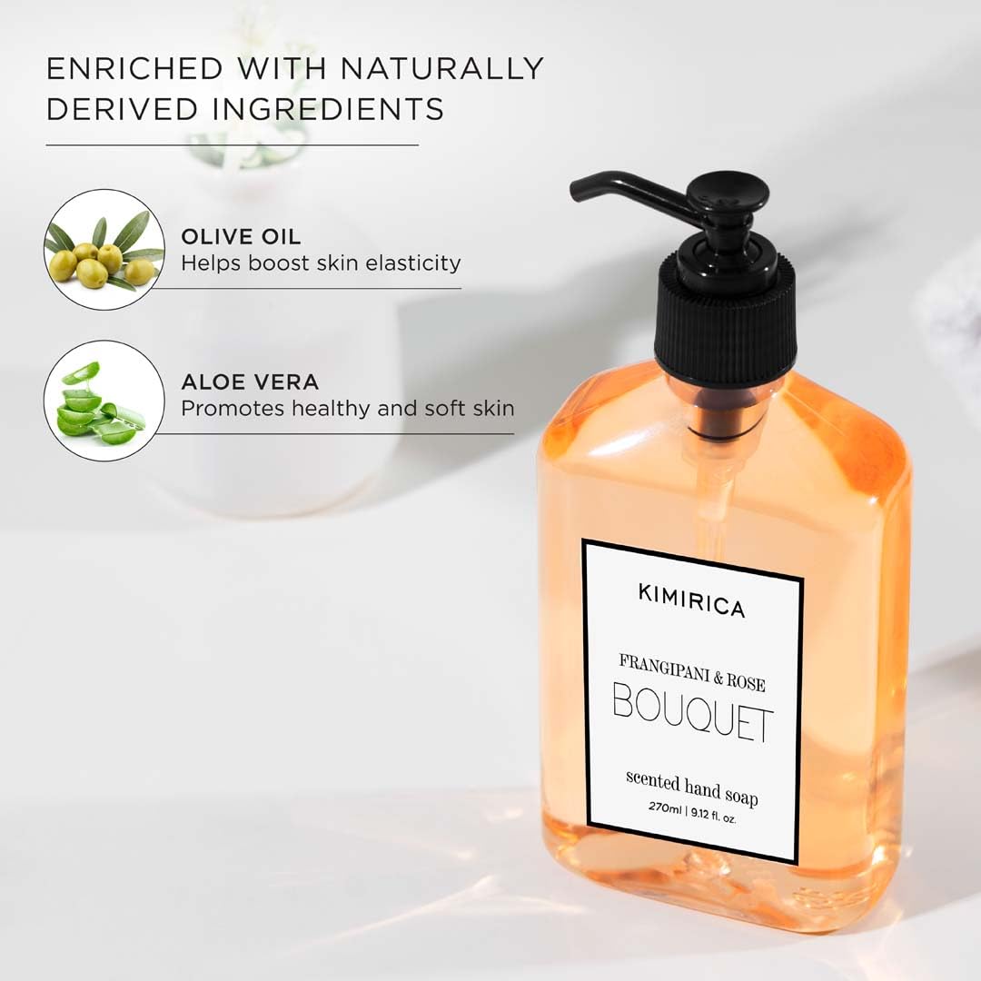 Kimirica Bouquet Luxury Hand Wash | Frangipani and Rose | Skincare Moisturizing | Antibacterial Formula | 100% Vegan & Paraben Free | 270 ml