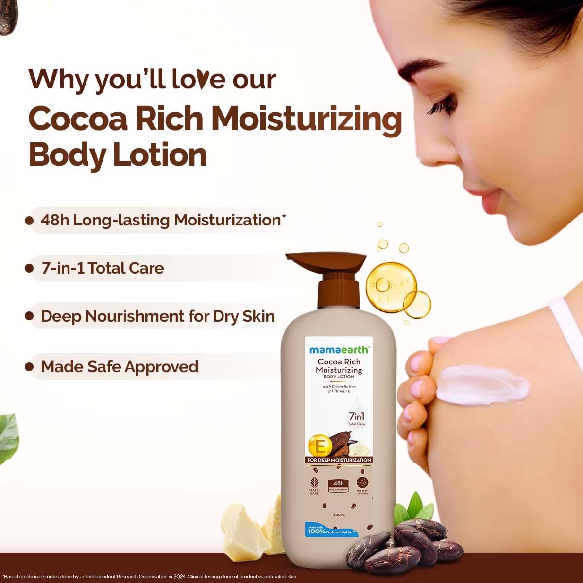 Mamaearth Cocoa Rich Moisturizing Body Lotion with Cocoa Butter & VitaminE for Deep 48H Moisturization 400ml For Very Dry Skin | 7in1 Total Care Benefits | 100% Natural Butter | Non-Greasy Smooth Skin