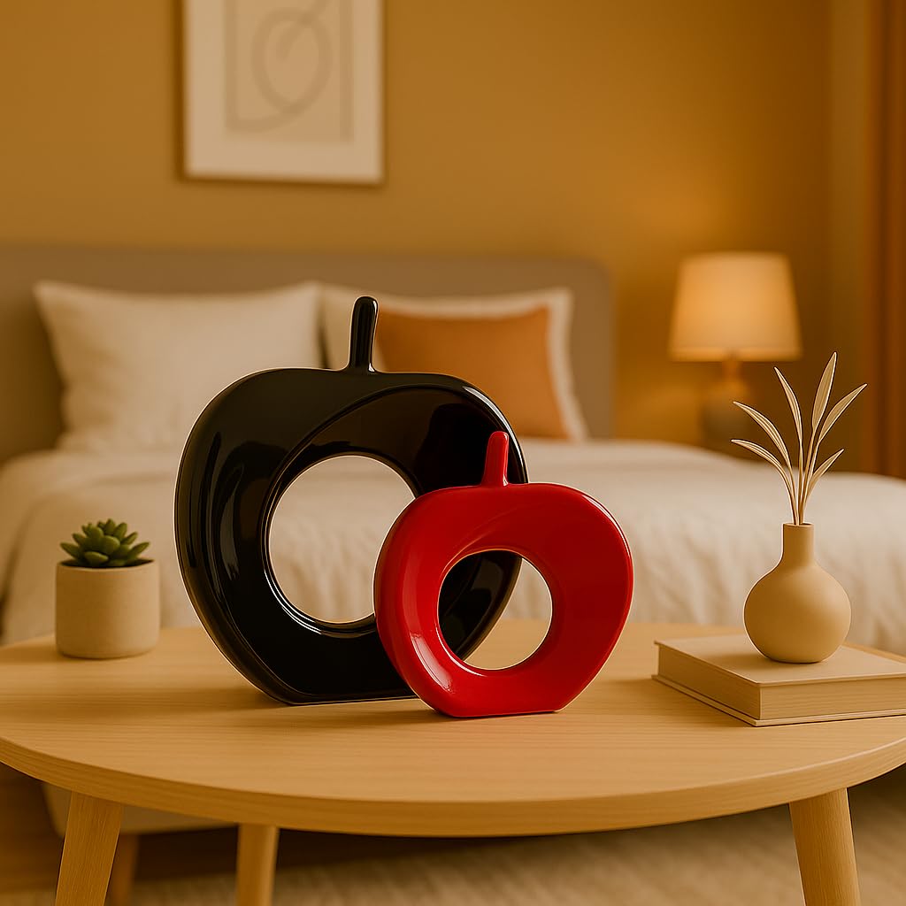 Beautiful Apple Shape Ceramic Home Decor Showpiece (Pack of 2, Black & Red Color)