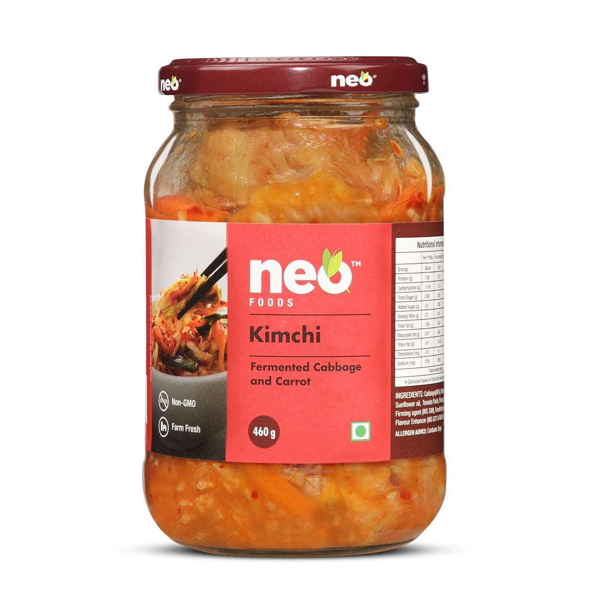 Neo Kimchi I Fermented Indian Cabbage & Carrot 460g I 100% Plant Based I Made in India I Ready to Eat Pickle I Healthy Food I Enjoy with Ramen Noodles, Kimchi Noodle, Korean Rice & Snacks I Probiotic-Rich Side Dish I 460g