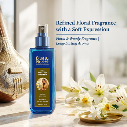 Blue Nectar Niraa Nargis Kavya Attar Mist | Perfume Mist for Women & Men | Long-Lasting Nargis Attar with Lily, Rose & Jasmine | Floral Body Mist Spray | Travel-Friendly (100 ml)