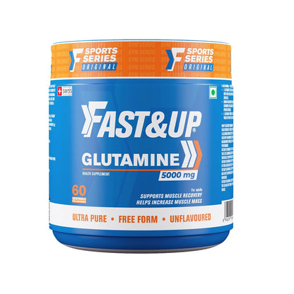 Blue supplement container labeled 'Fast&Up Glutamine' on a white background