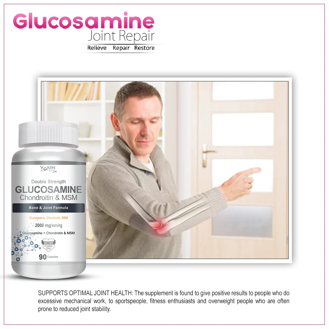 Glucosamine supplement bottle with a man holding his knee in pain, set against a white background.