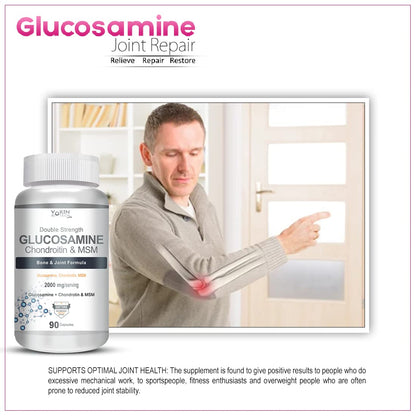 Glucosamine supplement bottle with a man holding his knee in pain, set against a white background.