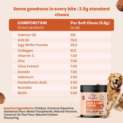 TailsAlive  Omega 3 & 6, Salmon Oil Skin & Coat Supplement for Dogs | with Krill Oil, Biotin, Collagen & Zinc | Promotes Shiny, Healthy Coat | 90 Soft Chews