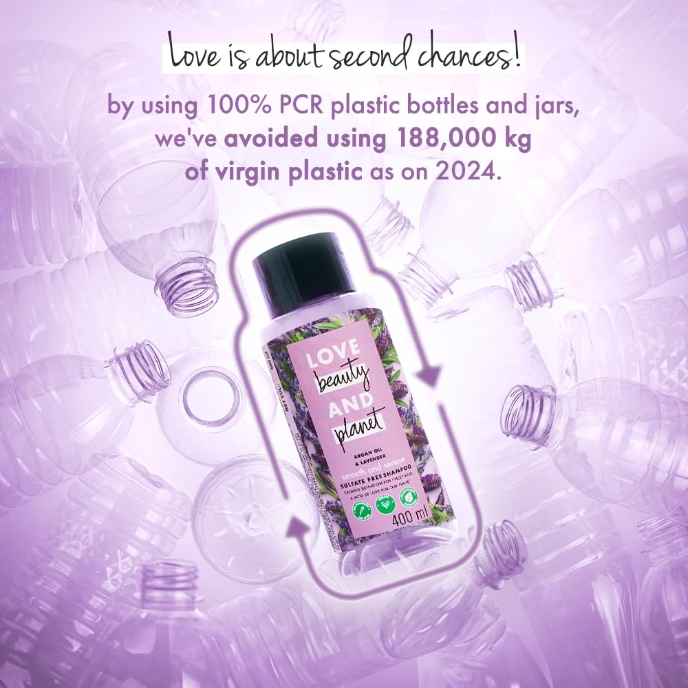 Product packaging with sustainability message on a purple background