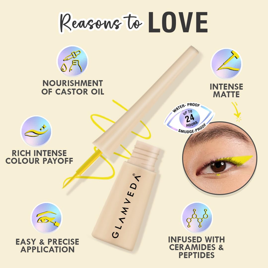 Glamveda Liquid Eye Liner, Yellow, Long Lasting Matte Waterproof Liner - Smudge Proof, Transfer Proof Eye Makeup, Bold, Clean, Smudge-Free Look 24-Hour Long Stay 4.5 ml