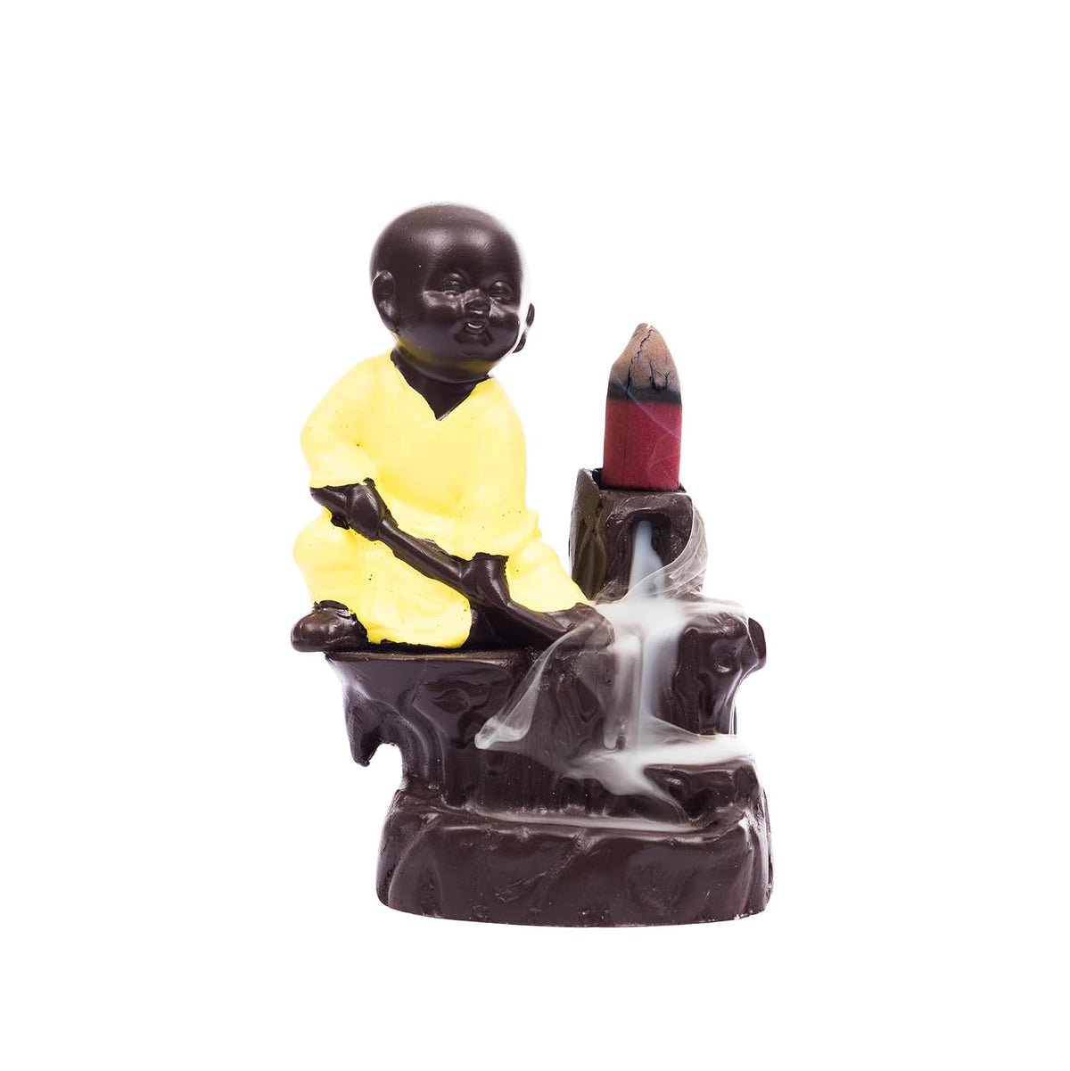 eCraftIndia Karate Style Monk Buddha Smoke Backflow Cone Decorative Incense Holder (7 cm x 7 cm x 12, Yellow)