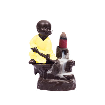 eCraftIndia Karate Style Monk Buddha Smoke Backflow Cone Decorative Incense Holder (7 cm x 7 cm x 12, Yellow)
