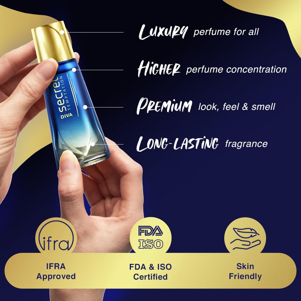 Hand holding a perfume bottle with product features listed on a dark background