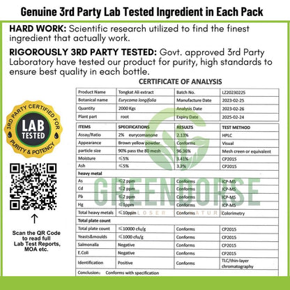 GREENDORSE Organic Tongkat Ali Extract Capsules | 2% Eurycomanone by HPTLC | Enhanced T level, Stamina and Stress tolerance, Veg Capsules-60