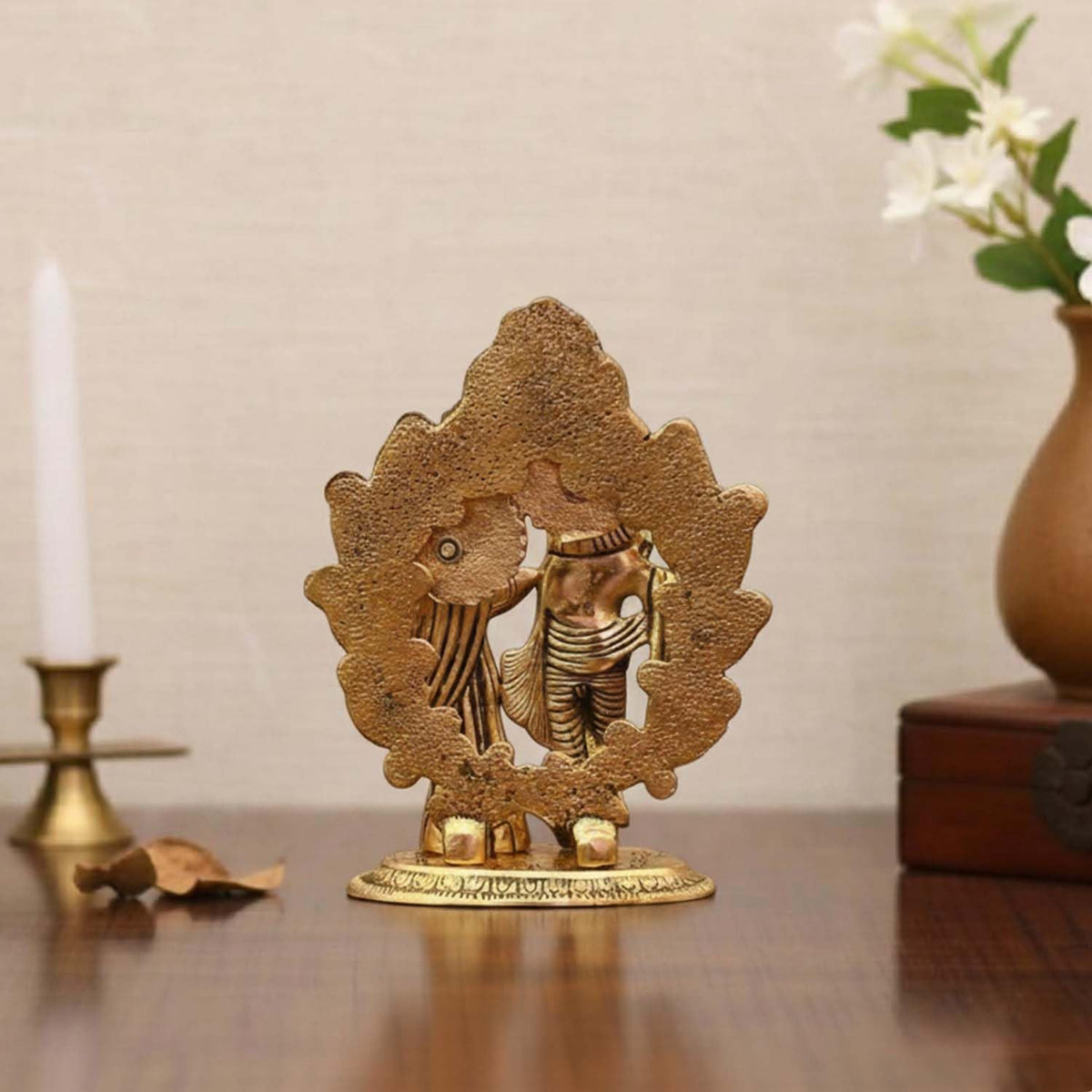 Designer Metal Oval Shaped Radha Krishna Idol Showpiece Murti Darbar for Home Decor Idol Showpiece Statue - Golden, Medium Size