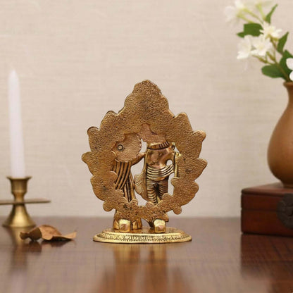 Designer Metal Oval Shaped Radha Krishna Idol Showpiece Murti Darbar for Home Decor Idol Showpiece Statue - Golden, Medium Size