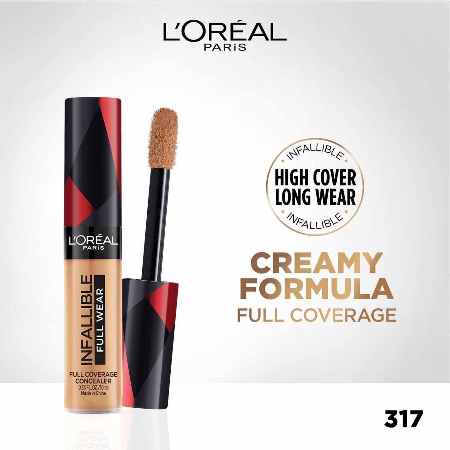 L'Oreal Paris Full Coverage Concealer, High Cover, Waterproof Formula, Long-lasting, For Undereye Circles and Blemishes, For Highlighting and Contouring, Infallible, Shade: 317, 10g