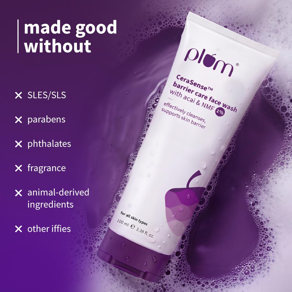 Plum CeraSenseTM Barrier Care Face Wash with Acai & 1% NMF | 100ml | Gentle face wash | For Dry Skin, Normal Skin & Sensitive Skin | Soap-Free Paraben-Free | For Sensitive Skin