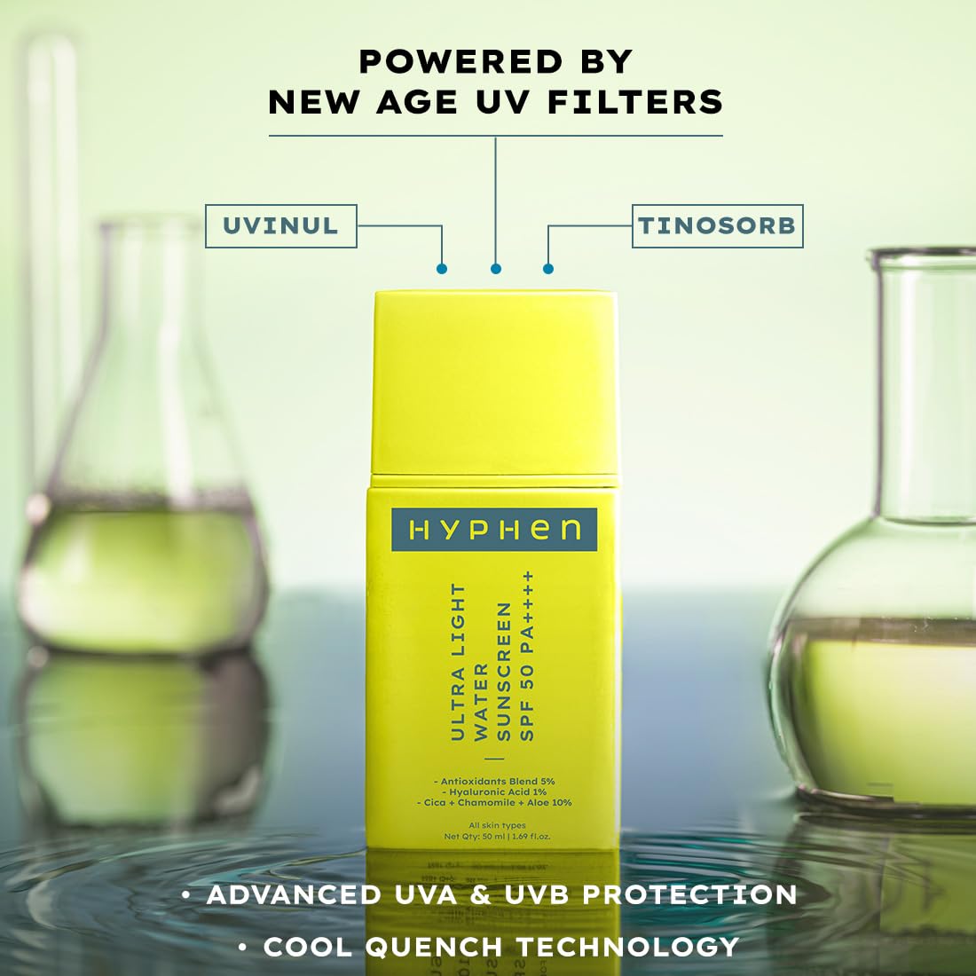 Yellow HYPHEN sunscreen bottle with 'Powered by New Age UV Filters' text on a reflective surface background.