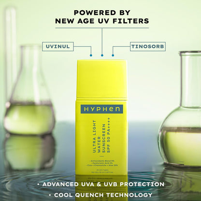 Yellow HYPHEN sunscreen bottle with 'Powered by New Age UV Filters' text on a reflective surface background.