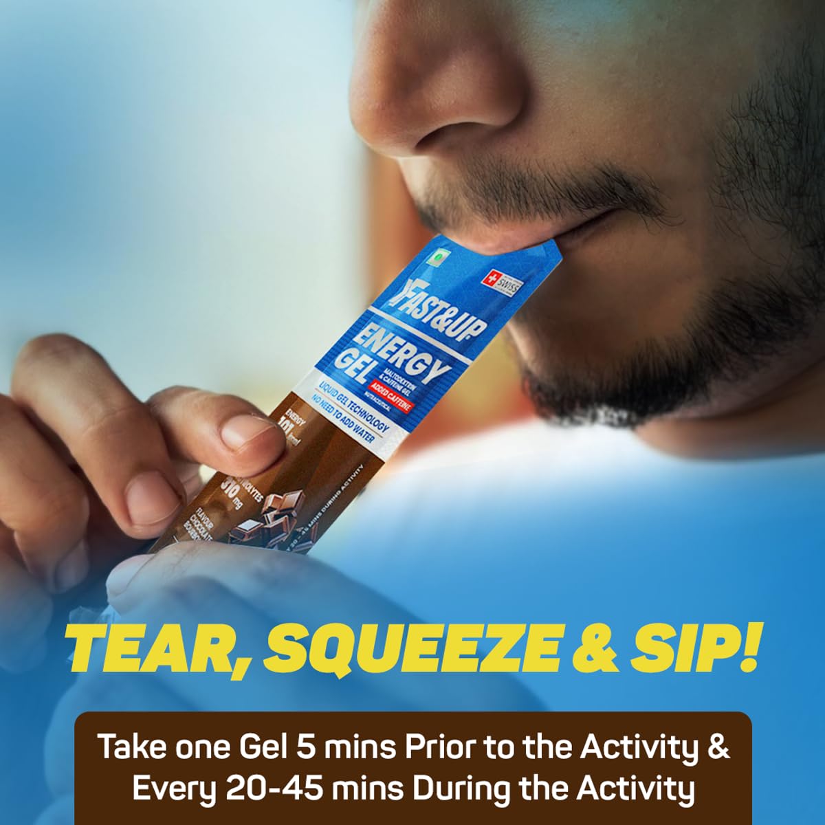 Person holding a sports energy gel with text on how to use it.
