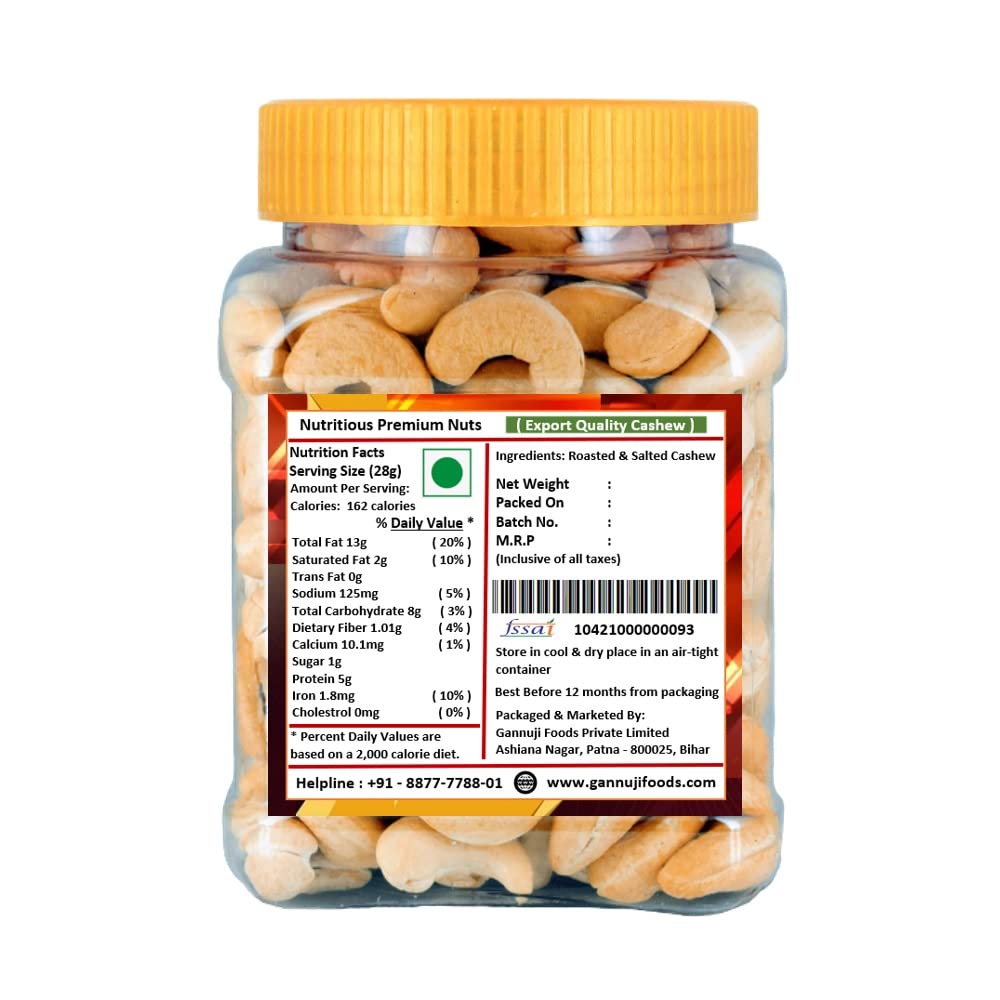 Gannuji Roasted And Salted Cashew Nuts 250g | A+ Grade| Premium Crunchy Kaju | Oil Free Roasted Cashew (250g Pack of 1)