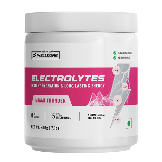 Wellcore - Electrolytes (Miami Thunder,200 G)| Electrolyte Drink With 5 Vital Electrolytes: Na,Mg,Ca,K,Po4|Sugar Free Electrolyte Powder|Fat Fuel Powered Keto Electrolyte,1 Count,40 Servings