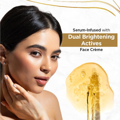 Woman with glowing skin and serum-infused face crème product on a white background
