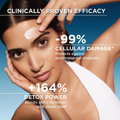 Advertisement for skincare product showing a woman applying cream to her face with text highlighting clinical efficacy.