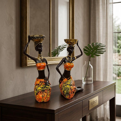 Vibrant Beautiful Finish Uniquely Hand Crafted Home Decor African Tribal Women Art Piece (Sitting African Lady Set of 2)