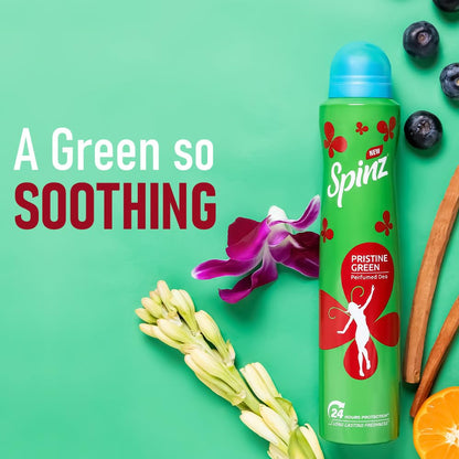 SpinZ Pristine Green Perfumed Aerosol Deo For Women, With International Fragrances For Long Lasting Freshness And 24 Hours Protection From Odour Causing Bacteria, 200Ml