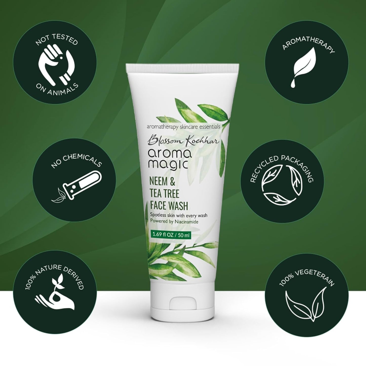 Aroma Magic Neem & Tea Tree Face Wash with 5% Niacinamide – Cleanser with Anti-Acne & Antibacterial Formula with Neem & Tea Tree Oil for Oily, Pimple-Prone Skin, 100ml