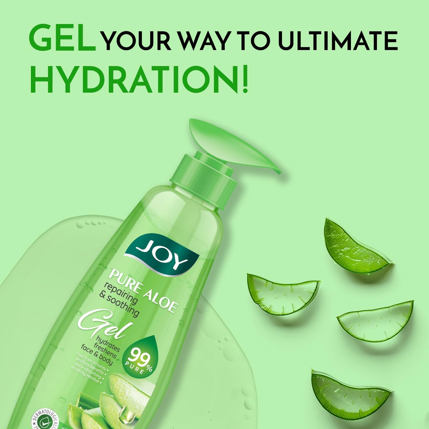Joy Pure Aloe Vera Gel for Face & Body (300ml) with Natural Moisturisers & Pro Vitamin B5 | 99% Pure Aloe Gel for Hydrating Dry & Damaged Skin | Non Sticky & Quick Absorbing