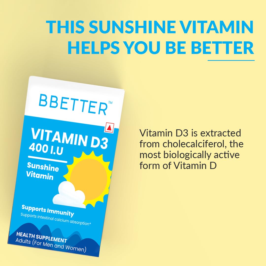 BBETTER Vitamin D3 Supplement for Immunity, Healthy Bones & Strong Muscles - 60 softgels of Vitamin D (Cholecalciferol) with the recommended daily dosage of 400IU
